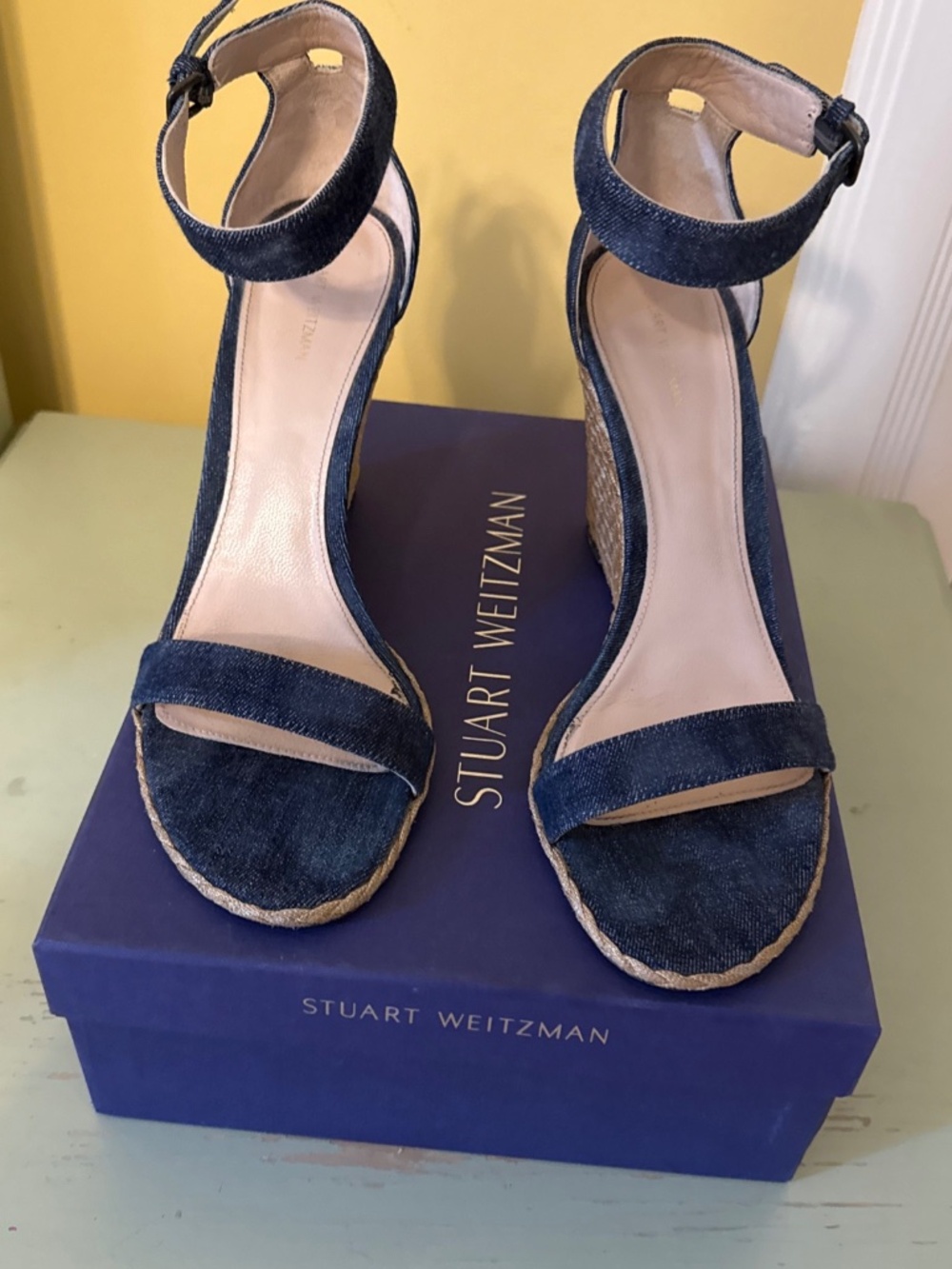 Stuart Weitzman Back up Wedge Antique Denim Ankle Strap Heel